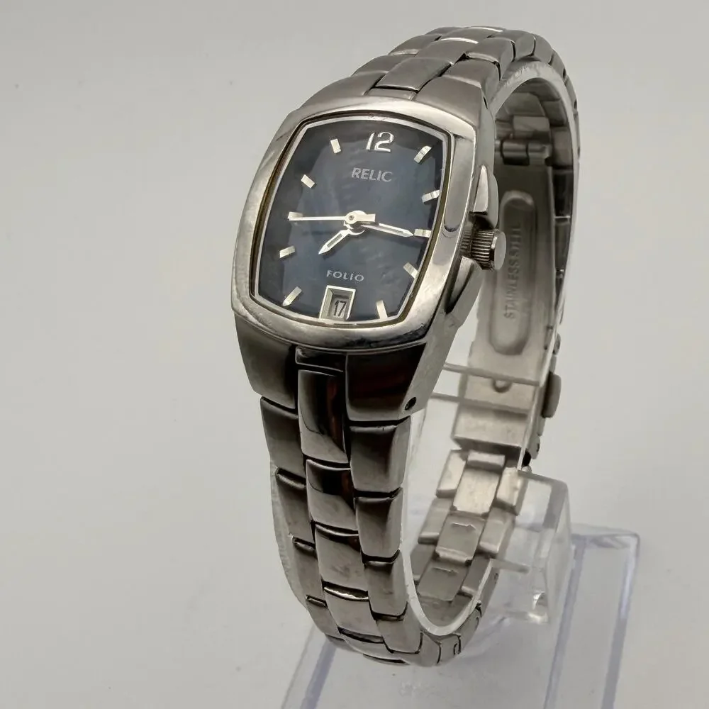 Elegant Relic Folio Quartz Watch Blue Sunray Dial & Stainless Steel New Battery